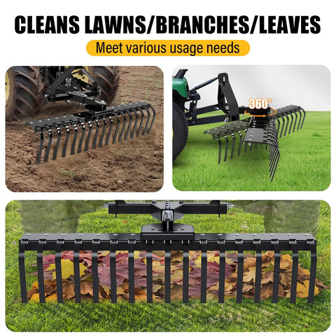 50 Inch Landscape Rake For Category Zero Tractors With Three Point Hitch And Five Position Angle Adjustment, Steel Powder Coated Black