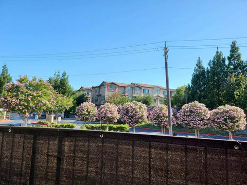 Balcony Privacy Screen Cover 3.5 Feet By 16.5 Feet Black UV Resistant Fence Screen with garden view and flowering trees.
