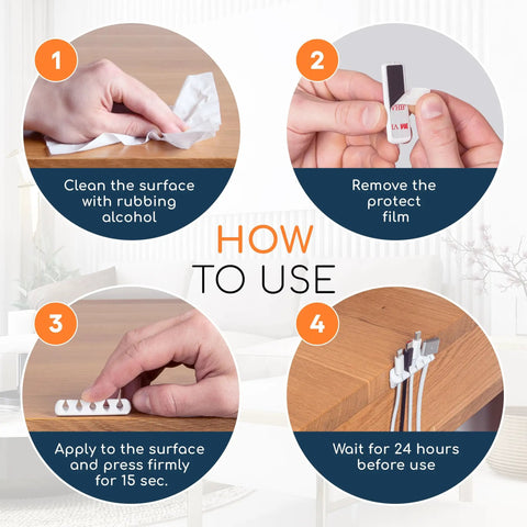 Five Pack Cable Organizers For Desk And Nightstand With Adhesive Clips Fifteen Slots White Cord Management System installation guide