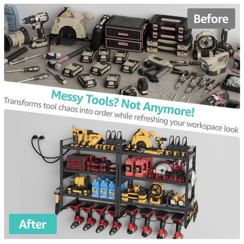 Power Tool Organizer With Charging Station Wall Mount 2 Pack For Cordless Drills And Tools Built In Outlets For DEWALT Ryobi Craftsman Milwaukee Makita Bosch Garage Organization That Keeps Your Shop Tight showcasing organized tools.