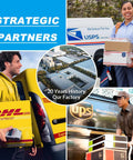 Collage of USPS, DHL, and UPS delivery personnel with a view of a factory in the center, labeled '20 Years History Our Factory'.