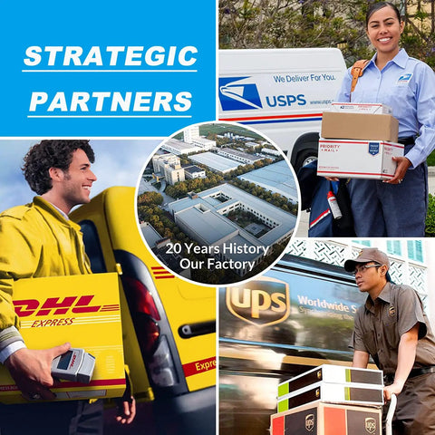 Collage showing delivery partners like DHL, USPS, and UPS delivering packages, with a central image of a factory labeled "20 Years History Our Factory."