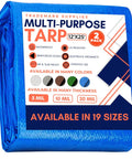 Packaging of Beefy Heavy Duty 10 Mil Waterproof Tarp For Indoor Outdoor Use, Extra Thick Poly Tarpaulin with size info, 12x25 ft, 2 pack.