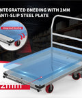 Rugged 2-In-1 Steel Panel Cart for Drywall Jobs, 3000 Lb Capacity, 44 by 28 Inch Platform, Anti-Slip 2mm Steel Plate, Heavy-Duty Job Site Transporter Built Tough for Pros. 2mm steel deck close-up