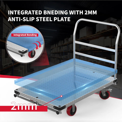 Rugged 2-In-1 Steel Panel Cart for Drywall Jobs, 3000 Lb Capacity, 44 by 28 Inch Platform, Anti-Slip 2mm Steel Plate, Heavy-Duty Job Site Transporter Built Tough for Pros. 2mm steel deck close-up