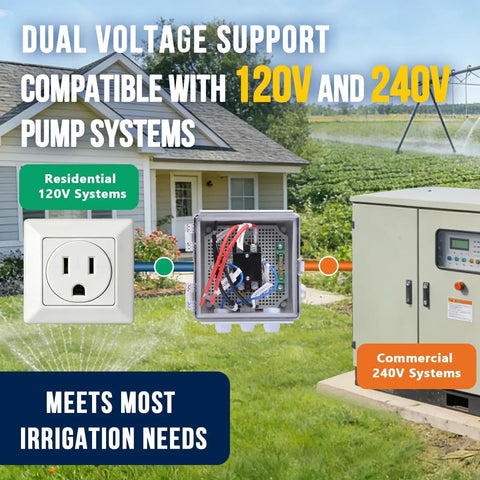 Image showing dual voltage 24V AC 40A Pump Start Relay with IP65 Waterproof Enclosure, compatible with 120V and 240V irrigation systems.