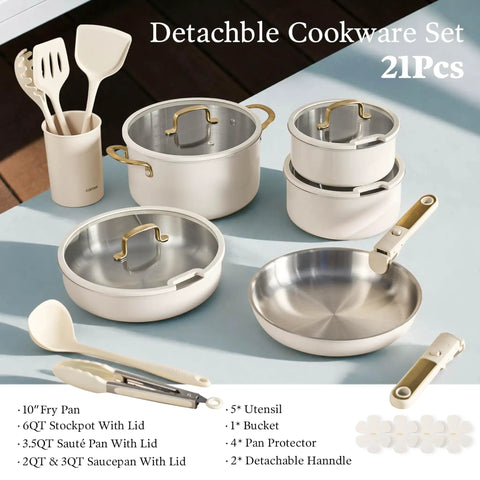 21 Piece Stainless Steel Cookware Set With Non Toxic Interior Pots And Pans featuring detachable handles and white finish