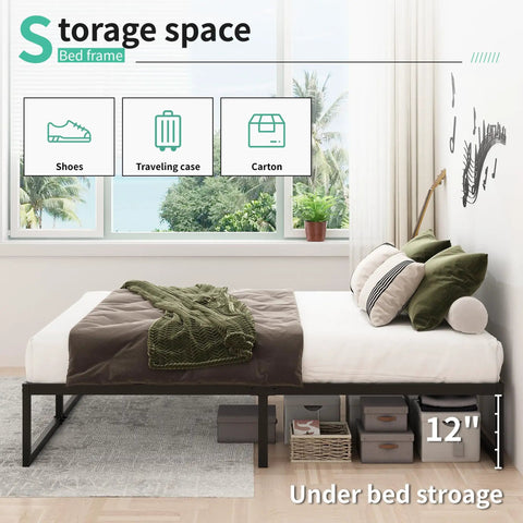 Sturdy Queen Bed Frame With 14 Inch Low Profile Platform Heavy Duty Steel Slat Support No Box Spring Headache For Memory Foam And Pillowtop Mattress Fast Easy Setup showing under-bed storage.