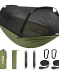 Heavy Duty Camping Hammock With Mosquito Net, 500 Lb Capacity, Portable Nylon Hanging Hammock with two tree straps and accessories.