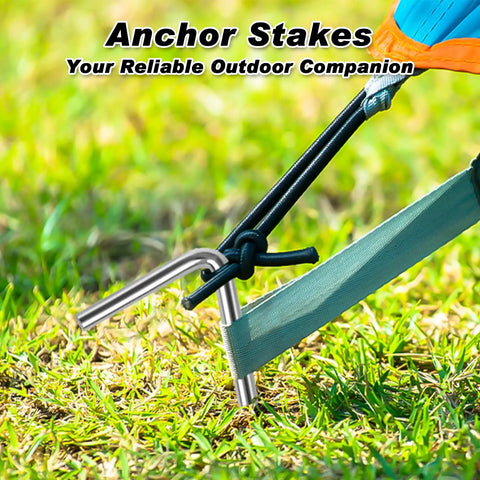 7 Inch Tent Stakes 18 Pack Heavy Duty Metal Garden Pegs anchoring a tent on grass for camping and outdoor use.