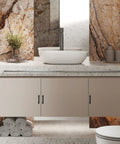 Modern bathroom with white basin and matte cabinet featuring 3 inch wide foot cabinet pulls, ideal for contemporary decor.