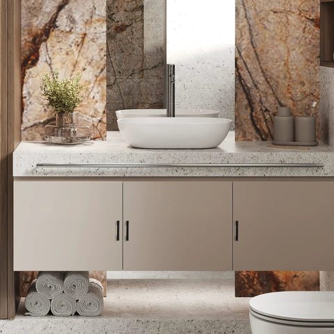 Modern bathroom with white basin and matte cabinet featuring 3 inch wide foot cabinet pulls, ideal for contemporary decor.