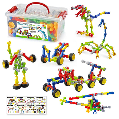 Epic 170 Piece Building Set For Kids Ages 3 To 9 With Toy Box Storage And Idea Guide, colorful STEM blocks and model examples