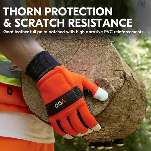 Chainsaw Safety Gloves Built For The Job With 12 Layer Protection On Left Hand Back Tough As Nails Leather Work Gloves For Logging And DIY High Visibility Orange Back PVC Palm Patches For Extra Durability Size M