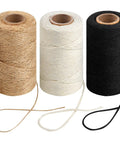 Three Rolls Of 984 Ft Twine String 2mm Natural Jute And White Cotton Rope For Crafts DIY Projects Gardening Gift Wrapping And Decoration Packing Bulk. Brown, white, and black rolls shown.