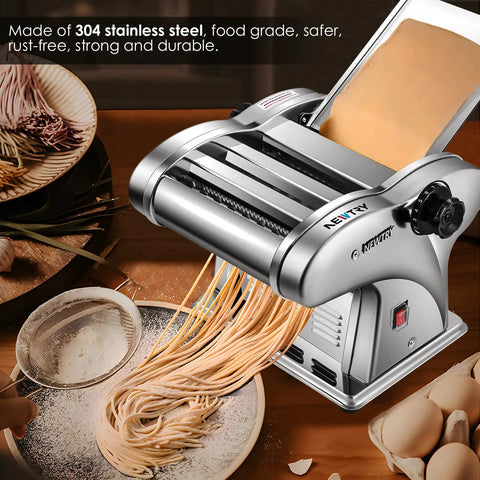 Newtry Electric Pasta Maker Machine With 3 Interchangeable Blades For Homemade Noodles processing fresh spaghetti on a wooden counter.
