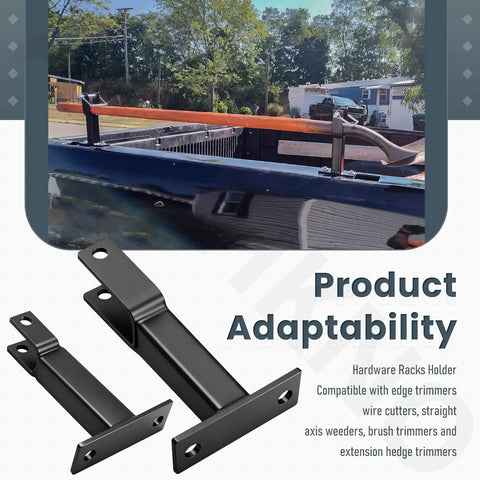 Heavy Duty Trailer Trimmer Rack With Lockable Hardware Racks for Weed Eaters, Edge Trimmers, Straight Shaft Units And Extension Hedgers, Secure Transport Mount For Lawn Tools, product adaptability shown with hardware brackets.