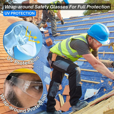 Heavy Hitting Job Site Staples With Crush Proof Clear Lenses Deliver Knockout Durability And Top Tier Ansi Certification In A Smart Bulk Pack Of Six Scratch Resistant Safety Glasses For Men And Women. Worker wearing UV protective wrap-around safety glasses on a rooftop construction site.