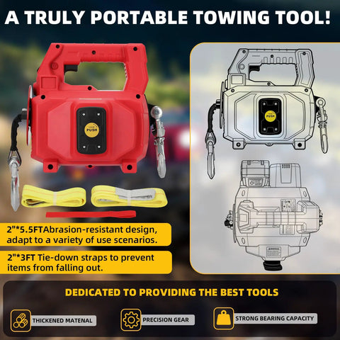 1000 Lb Portable Battery Powered Winch With 40Ft Synthetic Rope And Remote Control Compatible With Milwaukee 18V Batteries Over 4Ah For Heavy Duty Lifting Tasks And Towing Jobs In Red Color No Battery Included, shown with tie-down straps.