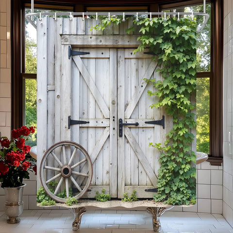 Farmhouse Shower Curtain With Green Ivy Leaves And Gray Wood Plank Look And Country Cabin Vibe Durable Polyester With Hooks 70x70 Inches