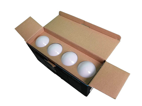 Open box with four Dimmable LED Light Bulbs 5000K Daylight 4 Pack, 1600 Lumens, 17.5W, 100W Replacement, Energy Star