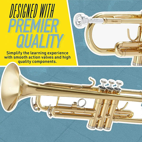 Bb Standard Trumpet Starter Kit In Gold For Beginners With Smooth Valves, Durable Lacquer Finish, Easy To Play Design, And Eye Catching Shine For Practice, School Band Or Band Camp. gold Bb trumpet with valves and bell