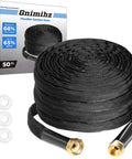 Gnimihz 50ft black TPE garden hose with brass fittings, coiled beside its box and three white washers.