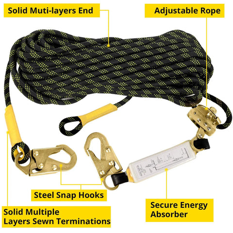 Rope Harness Safety Lanyard for Roof and Tree Climbing, 50 ft Vertical Roofing Rope with Snap Hooks and Shock Absorber