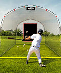 Heavy Duty Batting Cage Net With Steel Frame, 13 Feet Long, 10 Feet Wide, And 8 Feet High pictured outdoors in backyard use