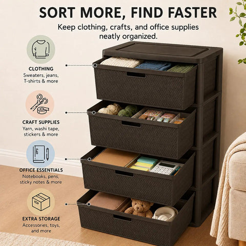 Wide 4 Drawer Plastic Storage Tower With Smooth Glide Removable Bins, Brown Cross Weave Decorative Organizer A Total Game Changer For Bedroom Closet Decluttering And Home Tidy Up