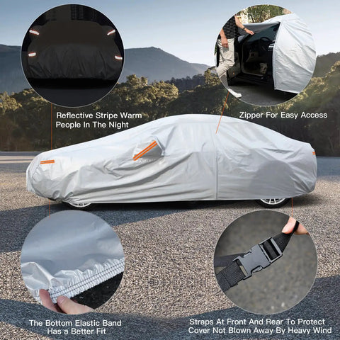 All Weather Waterproof Sedan Car Cover With Zipper Outdoor Full Exterior Shield For Sun Rain Snow UV Protection Fits Like a Glove Verified By Vehicle Size Chart Size A4 covering car with features highlighted