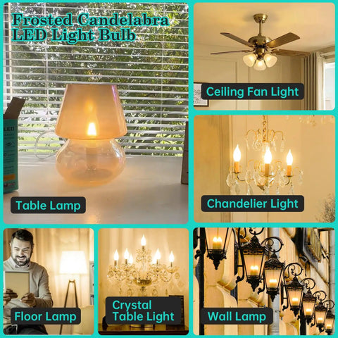 40 Watt Equivalent Frosted E12 LED Bulb Candle Candelabra CA10 shown in various lighting setups including chandelier and table lamps.