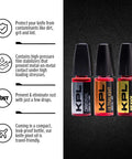 Image showing three 10ml bottles of KPL Original, Ultralight, and Heavy oils with product benefits text for Pocket Knife Oil Combo Pack With Original Heavy Ultralight Variants Blade Lube For Blades 3 X 10ml Bottles Easy Apply Keeps Knives Slick Smooth Clean And Ready To Cut Pro Grade Lubricant Trio.