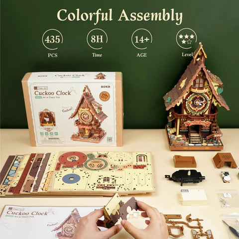 3D Wooden Puzzle Cuckoo Clock Model Kit With Real Function For Adults And Teens displayed with parts, box, and assembled clock.