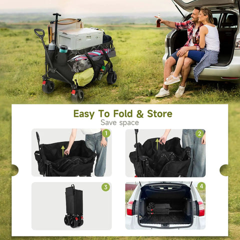Collapsible Utility Wagon With Extra Deep Seven Cubic Feet Of Space 400 Pound Capacity Heavy Duty Foldable Beach Cart in use, folded in car