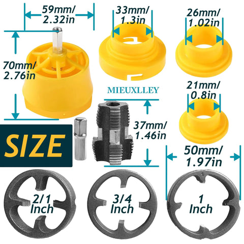 Electric Drill PVC Pipe Threader Kit With Multiple Die Sizes For Internal And External Threading PVC Threader Set parts display
