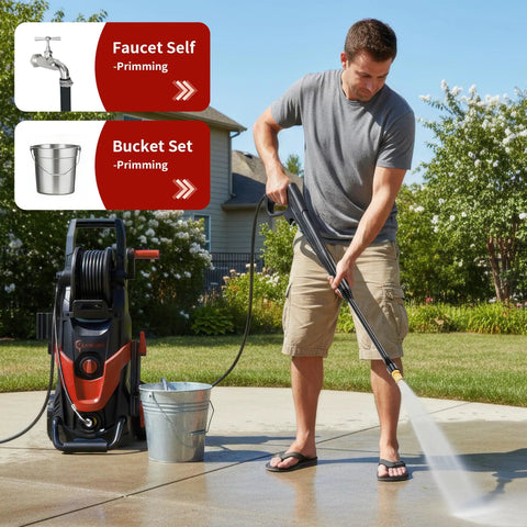 Man using Heavy Duty Beast 4800 PSI Pressure Washer With Four Quick Connect Nozzles Inlet Hose And Filter on patio
