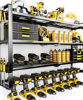 4 Layer Extra Tall Power Tool Organizer Wall Mount 400lbs Capacity Heavy Duty Metal Rack with 8 Cordless Drill Holders loaded with tools