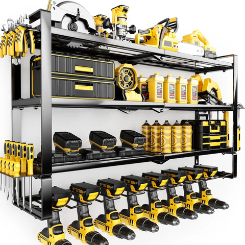 4 Layer Extra Tall Power Tool Organizer Wall Mount 400lbs Capacity Heavy Duty Metal Rack with 8 Cordless Drill Holders loaded with tools