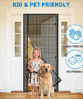 Side Opening Magnetic Screen Door Fits 32x80 Doors, Screen Size 34x81, with a child and dog demonstrating kid and pet-friendly use.