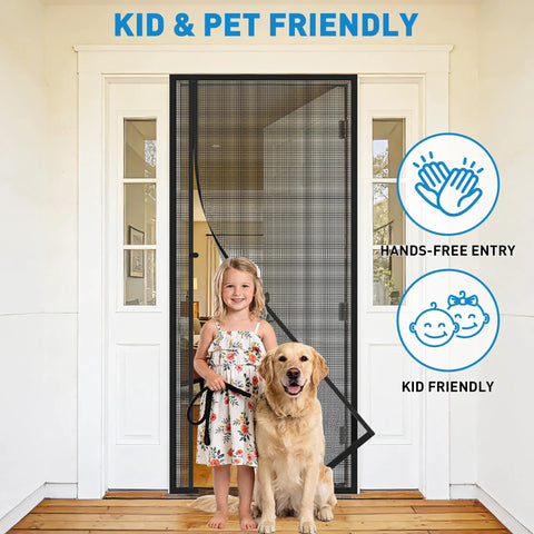 Side Opening Magnetic Screen Door Fits 32x80 Doors, Screen Size 34x81, with a child and dog demonstrating kid and pet-friendly use.