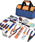 Awesome 188-Piece Home Tool Kit With 14-Inch Large Mouth Opening Tool Bag displayed with hand tools, orange and blue design.
