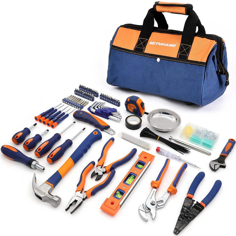Awesome 188-Piece Home Tool Kit With 14-Inch Large Mouth Opening Tool Bag displayed with hand tools, orange and blue design.