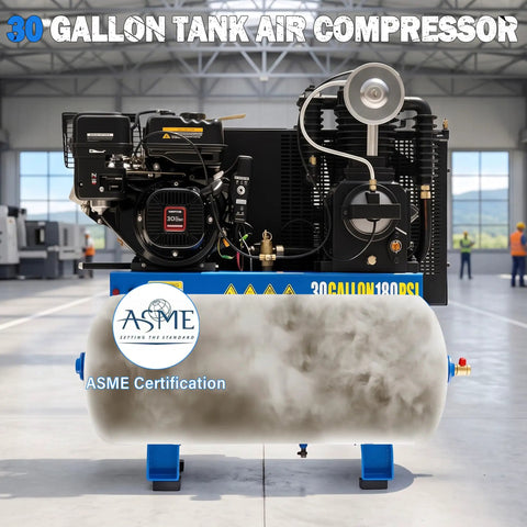 30 Gallon Gas Air Compressor With 9HP Engine And 180Psi Max Pressure Offering 22cfm Flow For Heavy Duty Jobs Electric Start 302Cc Motor Portable Design Perfect For Contractors And Auto Shops
