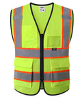 Solid Hi Vis Safety Vest For Men And Women With Reliable Zipper Front And Roomy Cargo Pockets Bright Yellow Mesh Cloth Meets Ansi Class 2 Certification, front view with pockets and reflective strips.