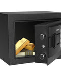 Compact Digital Safe With Electronic Keypad, Wall Or Cabinet Security Box For Home Office Travel Use, Heavy Duty Steel Construction, Two Heavy Bolts, Anti Corrosion Coating, Ideal For Cash Jewelry Documents LT-208-EBK front view with open door showing gold bars and cash inside.