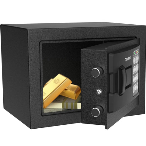 Compact Digital Safe With Electronic Keypad, Wall Or Cabinet Security Box For Home Office Travel Use, Heavy Duty Steel Construction, Two Heavy Bolts, Anti Corrosion Coating, Ideal For Cash Jewelry Documents LT-208-EBK front view with open door showing gold bars and cash inside.