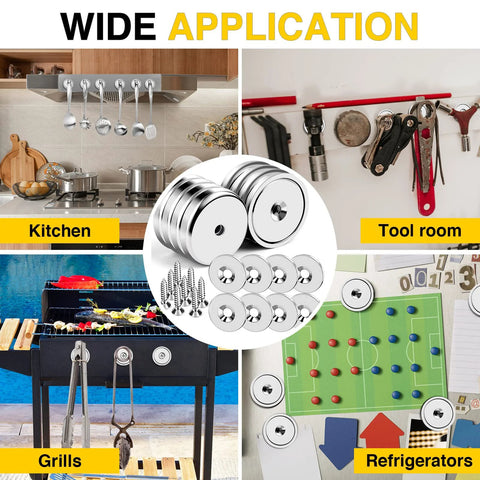 Close-up view of DIYMAG 8-pack neodymium round base cup magnets, 1.26-inch diameter, with stainless screws