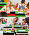 Children using 24 Pack Desk Name Plate Holders With Self-Adhesive Removable Grip And Built-In Pen Holder, Black Plastic Name Tag Displays For Classroom, School, Or Home Study, Easy Peel And Stick, 1.5 X 12 X 1 Inches at desks.
