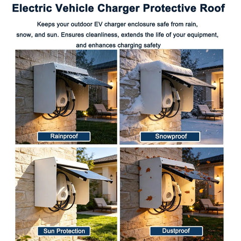 Boss Level EV Charger Cover Featuring Magnetic Flip Up Tinted Door For All Weather Protection shielding rain snow UV ray dust with one handed access rugged wall mount enclosure to keep your gear safe and looking fly outdoors, mounted on outdoor wall.